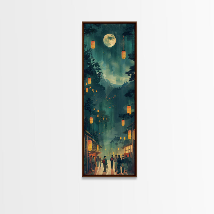 Framed Canvas Print Of A Nighttime Japanese Festival Scene With Lanterns And Pine Trees, Traditional Wall Art Ready To Hang
