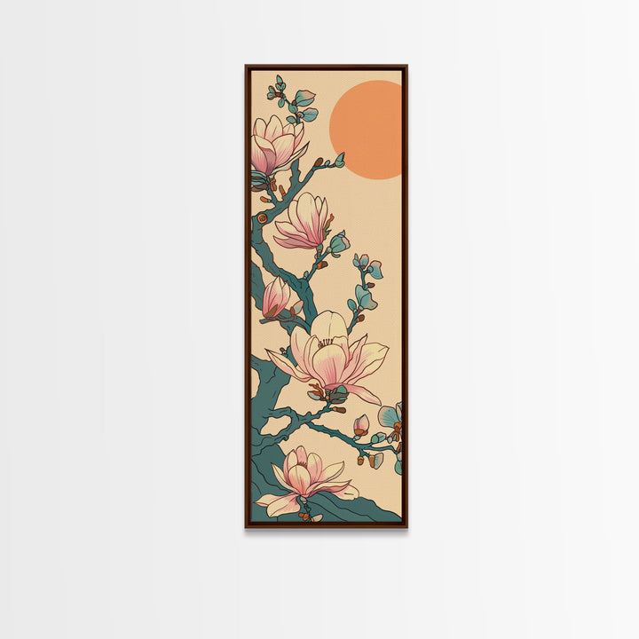 Delicate Magnolia Blossoms in Ukiyo-e Style, Tall Skinny Framed Canvas Print, Japanese Art for Vertical Spaces