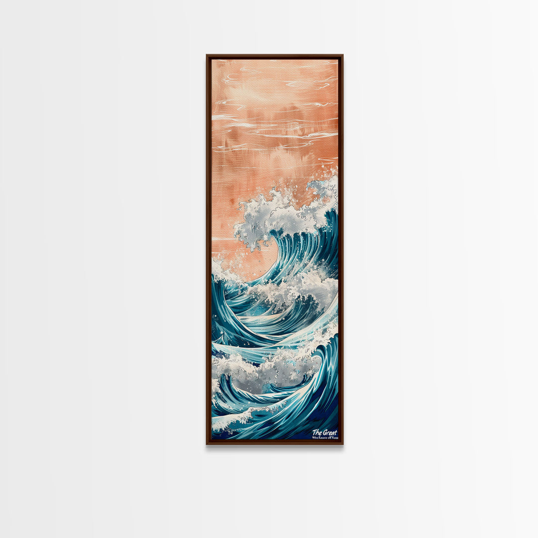 Majestic Wave, Peach Sky, Japanese Art, Skinny Art, Tall Art, Framed Canvas Print, Ukiyo-e Style