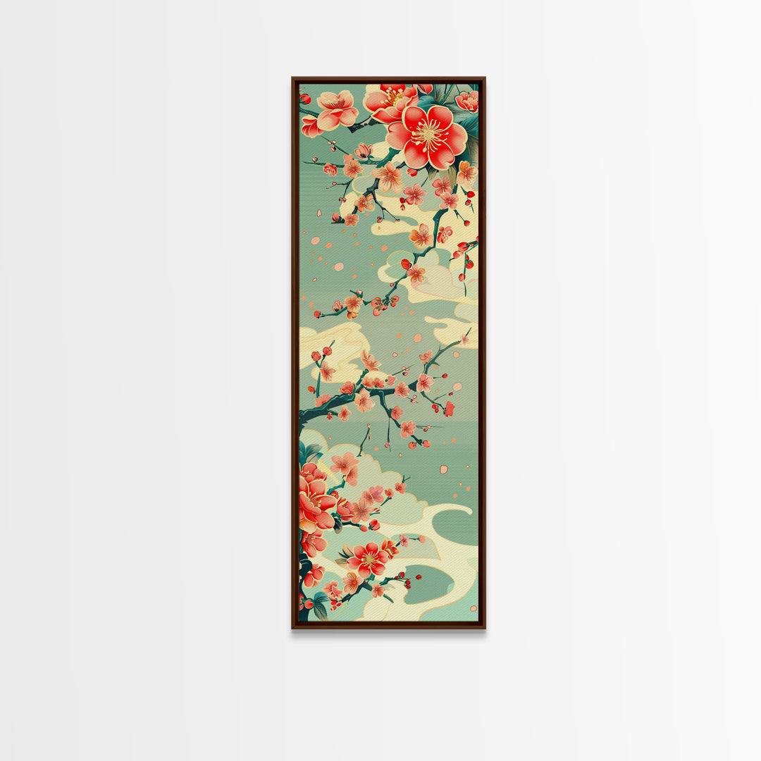 Plum Blossoms, Turquoise Sky, Japanese Art, Skinny Art, Tall Art, Framed Canvas Print, Ukiyo-e Style