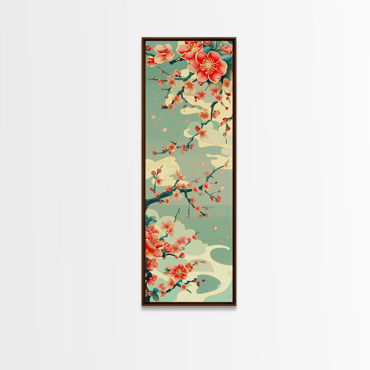 Plum Blossoms, Turquoise Sky, Japanese Art, Skinny Art, Tall Art, Framed Canvas Print, Ukiyo-e Style