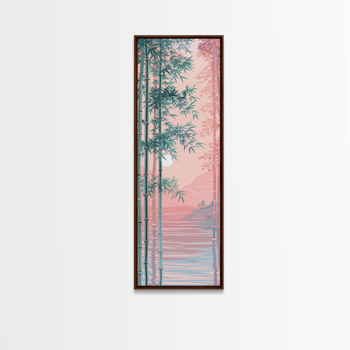 Bamboo Forest, Soft Pink Light, Japanese Art, Skinny Art, Tall Art, Framed Canvas Print, Ukiyo-e Style