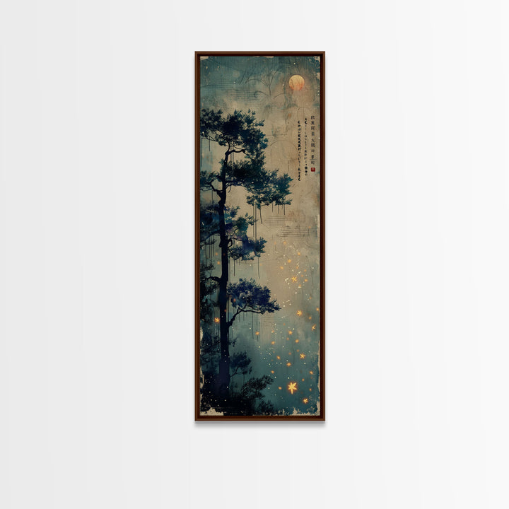 Pine Tree, Moonlit Sky, Japanese Art, Skinny Art, Tall Art, Framed Canvas Print, Ukiyo-e Style