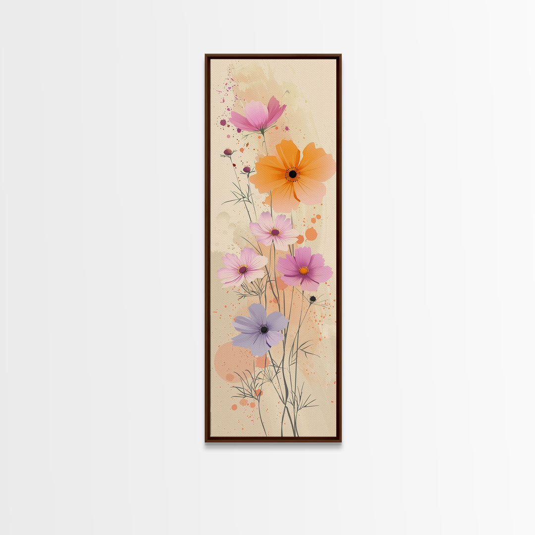 Delicate Flowers in Soft Pastel Colors Skinny Art Ukiyo-e Style Tall Framed Canvas Print for Home Décor