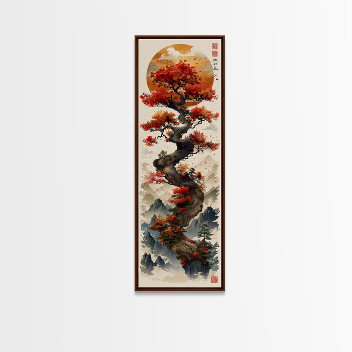 Majestic Bonsai Tree Under the Golden Sun Skinny Art Ukiyo-e Tall Framed Canvas Print with Mountain Landscape