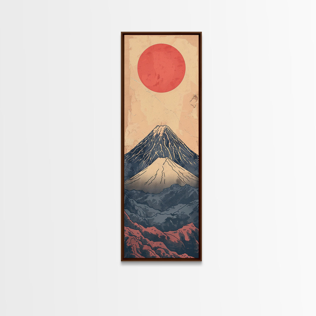 Mount Fuji Under a Red Sun Skinny Art Ukiyo-e Tall Framed Canvas Print Inspired by Japanese Landscape