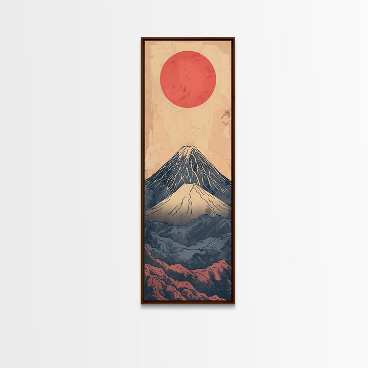 Mount Fuji Under a Red Sun Skinny Art Ukiyo-e Tall Framed Canvas Print Inspired by Japanese Landscape