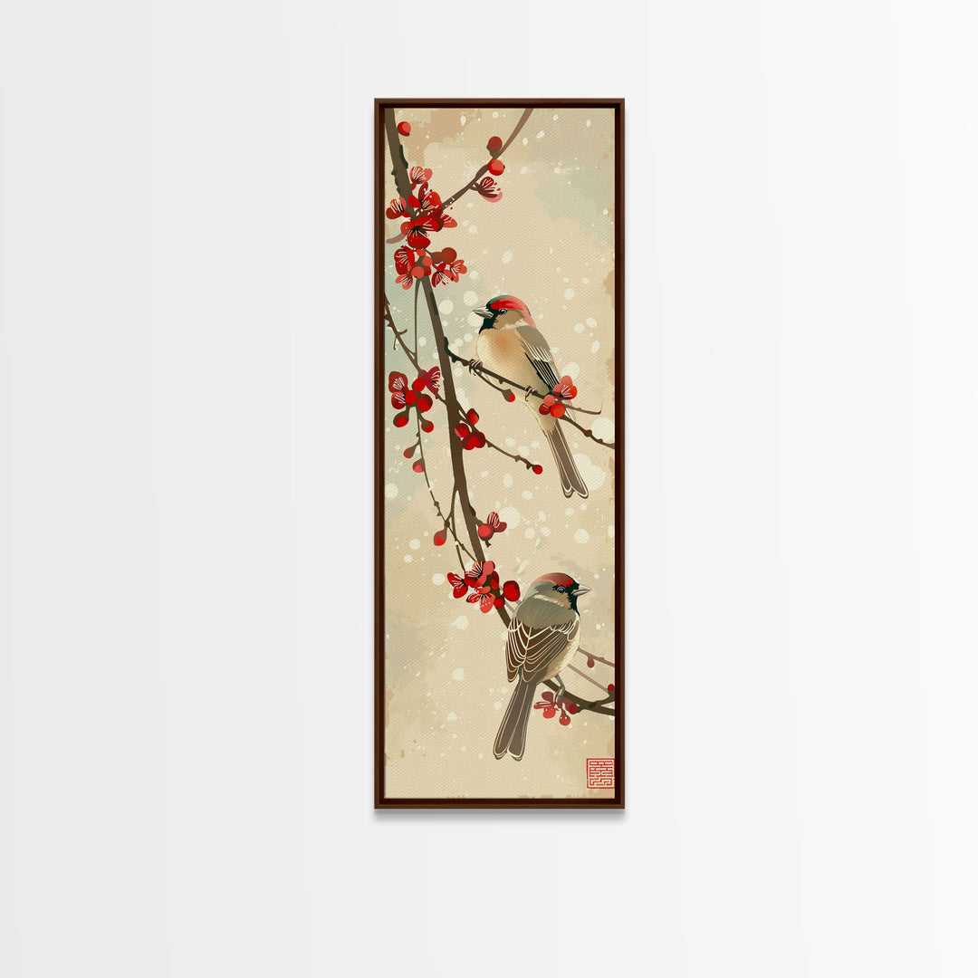 Skinny Art Sparrows And Cherry Blossoms In Japanese Style Wood Block Print Gentle Color Palette On Framed Canvas Print, Tall Art Ukiyo-e