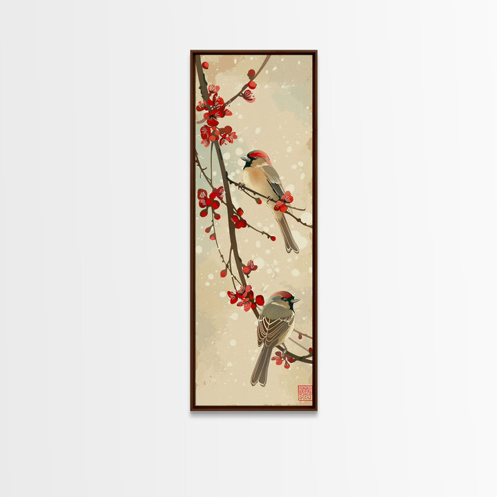 Skinny Art Sparrows And Cherry Blossoms In Japanese Style Wood Block Print Gentle Color Palette On Framed Canvas Print, Tall Art Ukiyo-e
