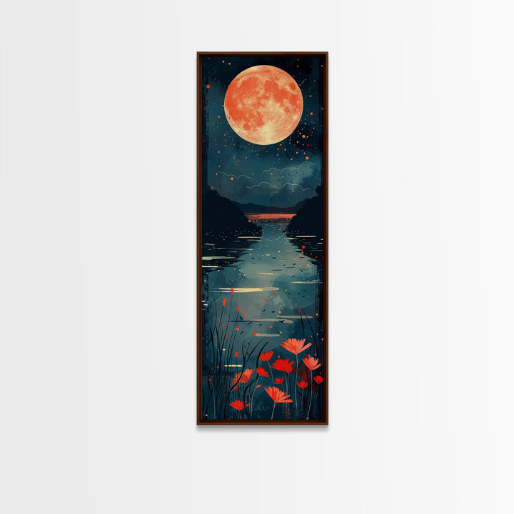 Skinny Art Full Moon Over Lake In Japanese Style Wood Block Print Vibrant Night Scene On Framed Canvas Print, Tall Art Ukiyo-e