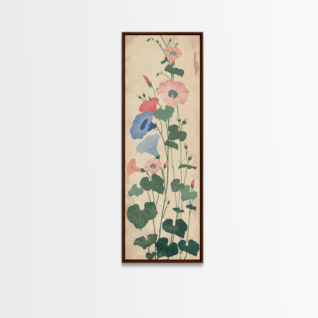 Skinny Art Tall Art Framed Canvas Print Stylized Morning Glory Blossoms In Subtle Pastel Hues Ukiyo-e Japanese Style Art Wood Block Print