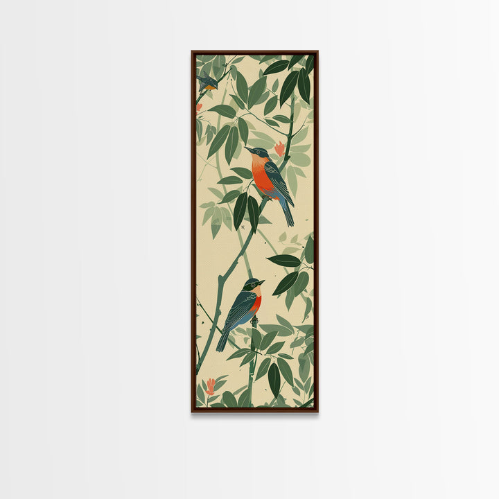 Skinny Art Tall Art Framed Canvas Print Birds Amongst Dense Greenery And Red Flowers Ukiyo-e Japanese Style Art Wood Block Print