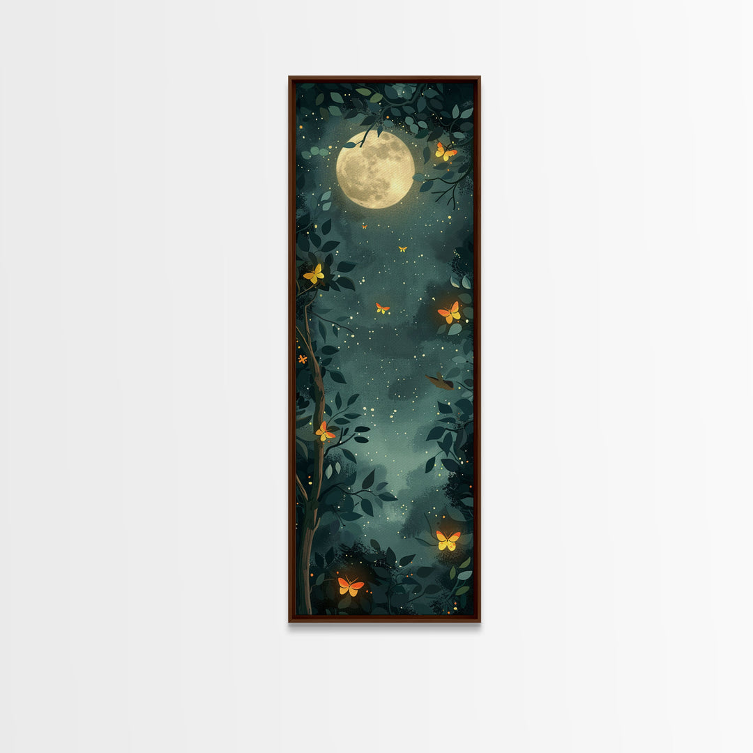Full Moon And Butterflies In A Night Forest Japanese Style Framed Canvas Print, Wall Art Ready To Hang For Your Home