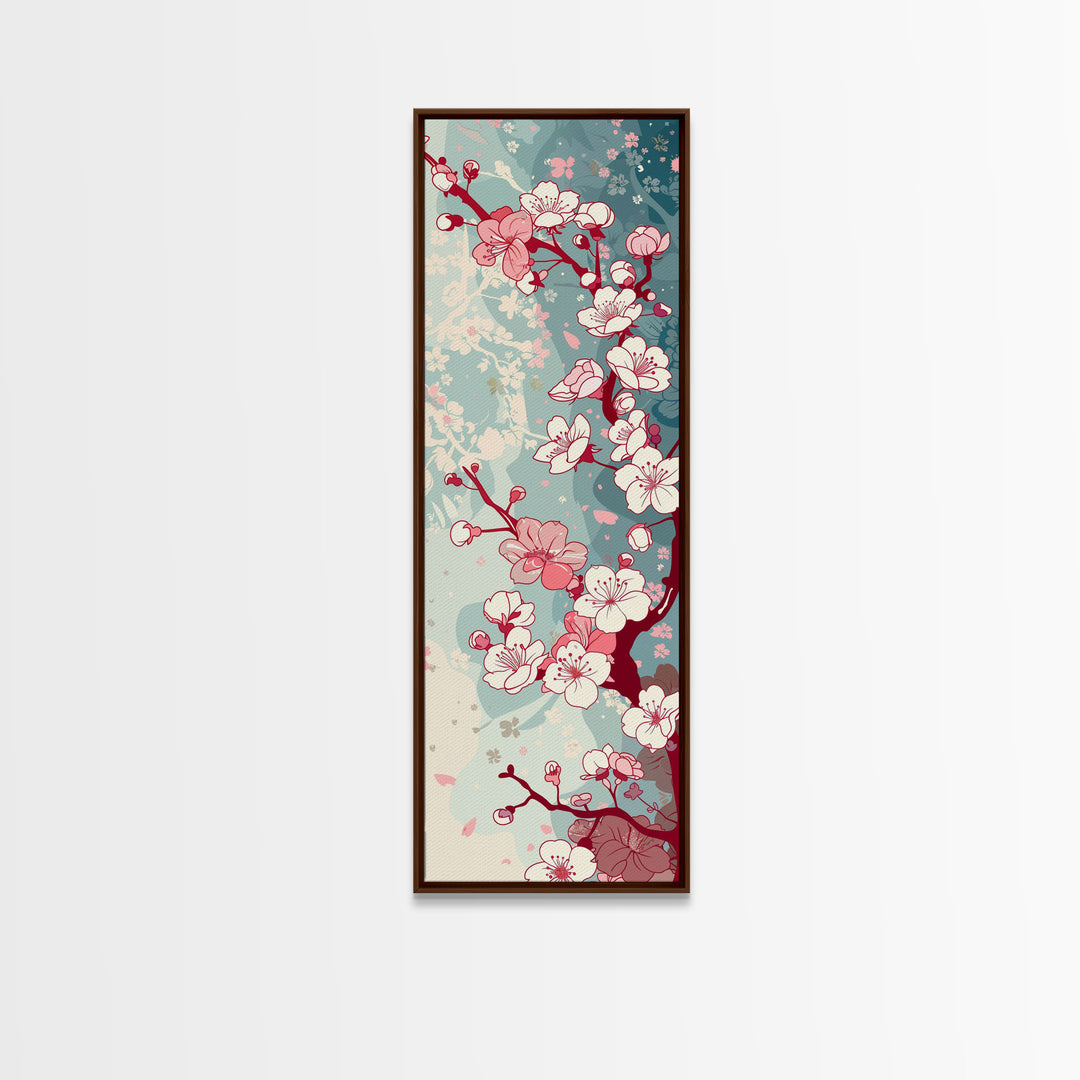 Delicate Pink Flowers On Branch Gentle Tones Skinny Art Tall Art Framed Canvas Print Japanese Style Art Ukiyo-e Art Wood Block Print Floral
