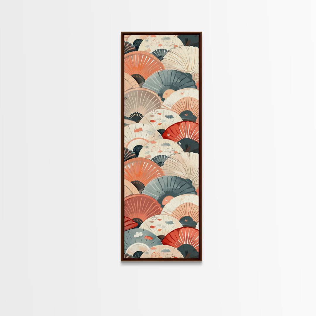 Pattern Of Overlapping Japanese Fans On Beige Background Tall Art Skinny Art Framed Canvas Print Japanese Style Art Ukiyo-e Wood Block Print