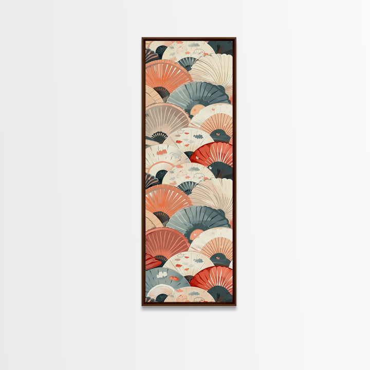 Pattern Of Overlapping Japanese Fans On Beige Background Tall Art Skinny Art Framed Canvas Print Japanese Style Art Ukiyo-e Wood Block Print