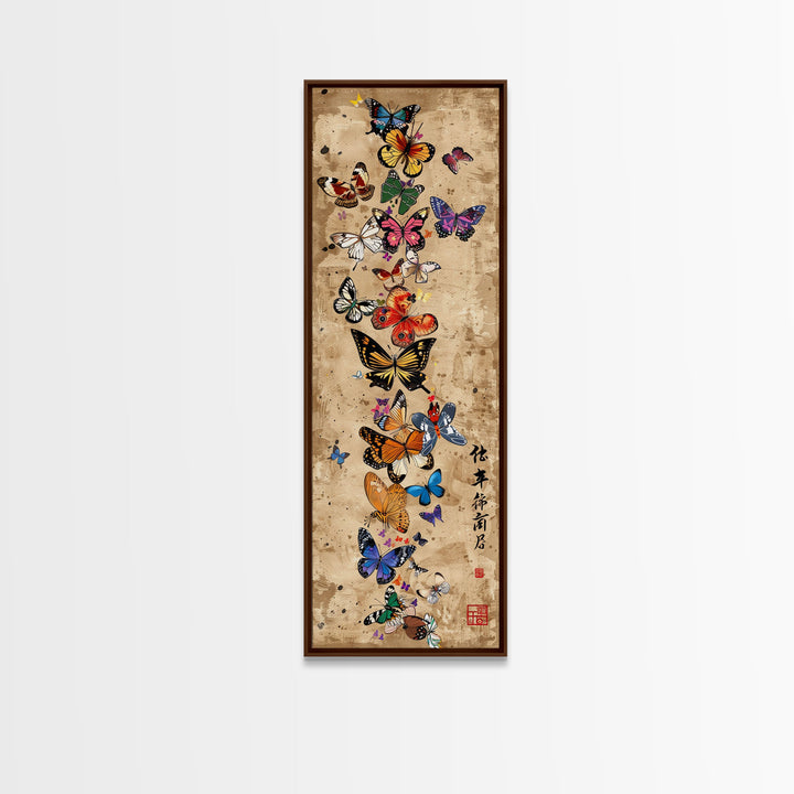 Butterflies In Spiral Formation On Light Brown Canvas Tall Art Skinny Art Framed Canvas Print Japanese Style Art Ukiyo-e Wood Block Print
