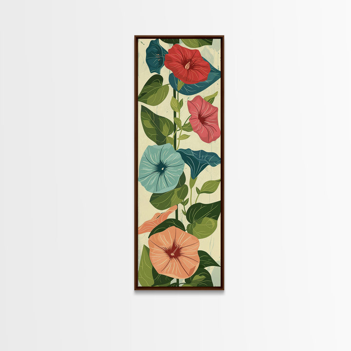 Morning Glory Flowers In Vibrant Red And Blue Shades Tall Art Skinny Art Framed Canvas Print Japanese Style Art Ukiyo-e Wood Block Print