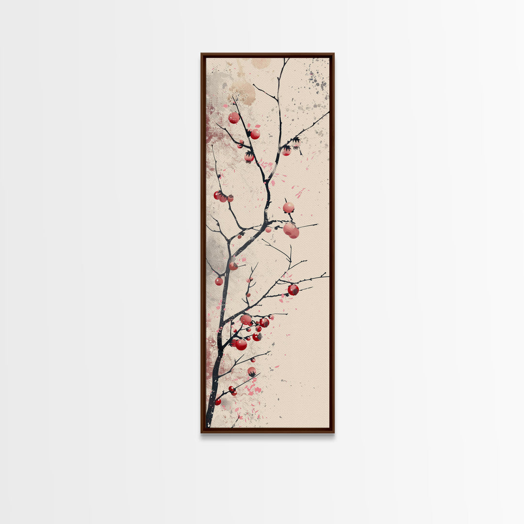 Minimalist Japanese Tree Branch With Red Berries, Ukiyo-e Woodblock Style Canvas, Framed Canvas Print, Japanese Tall Skinny Wall Art, Ready To Hang