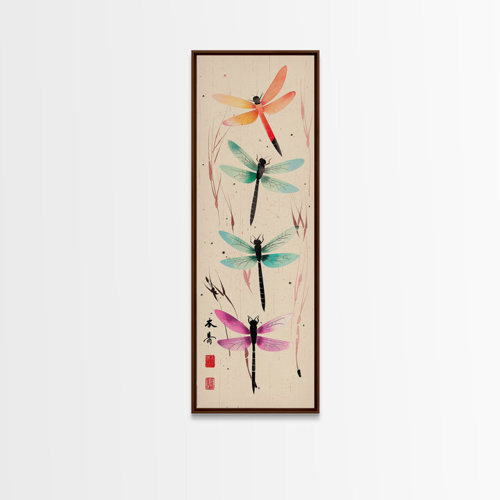 Dragonflies In Flight With Delicate Details Japanese Style Framed Canvas Print, Wall Art Ready To Hang For Nature Lovers