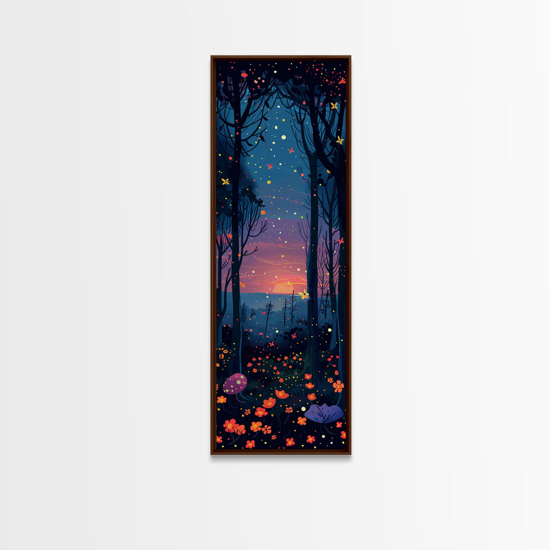 Majestic Nightfall Amidst Illuminated Trees Skinny Art Tall Art Framed Canvas Print Japanese Style Art Ukiyo-e Art Wood Block Print Tranquil Decorative
