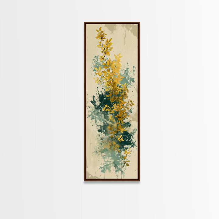 Golden Foliage Set Against Green Textured Background Skinny Art Tall Art Framed Canvas Print Japanese Style Art Ukiyo-e Art Wood Block Print Natural Elegant