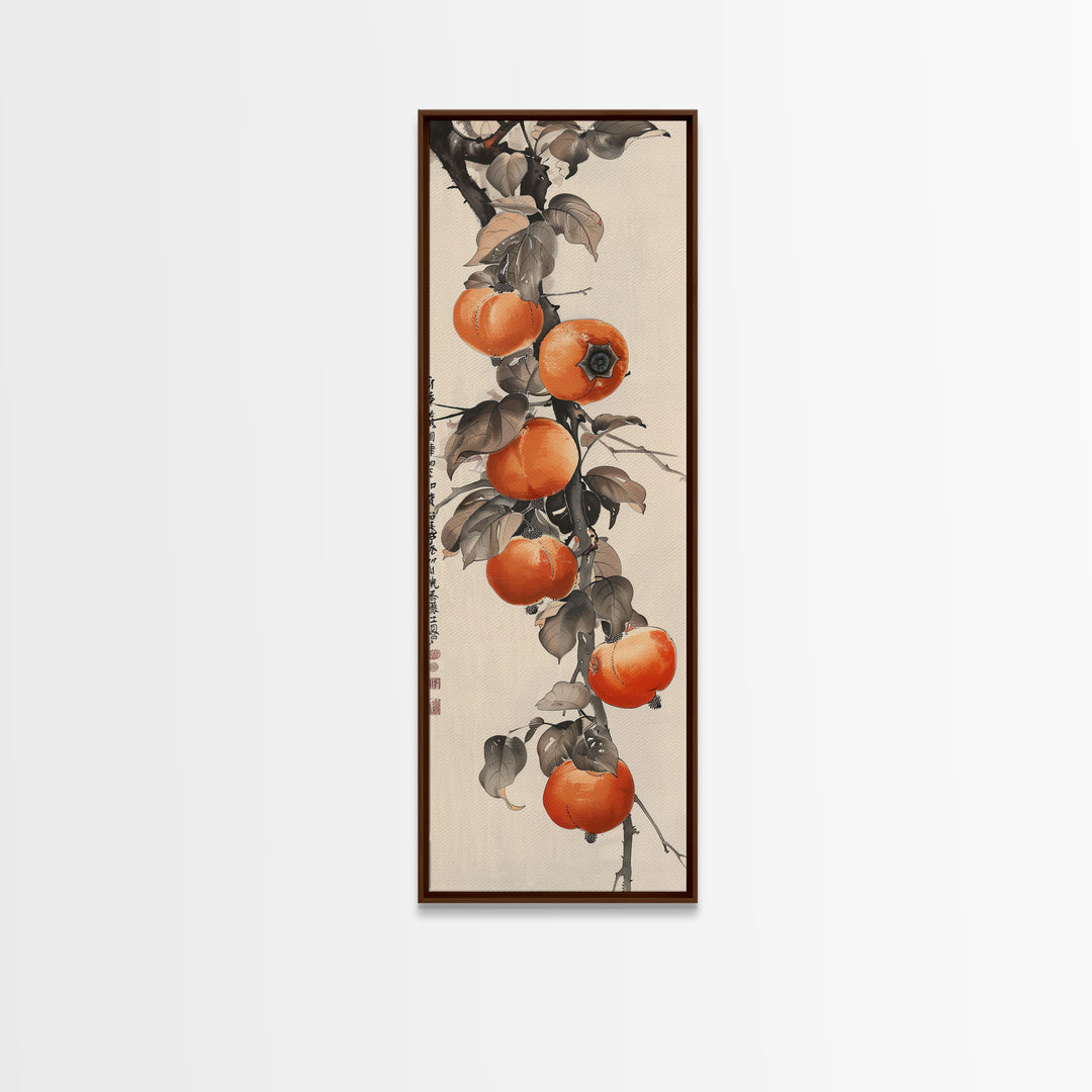Bountiful Persimmons On Tree Branch Skinny Art Tall Art Framed Canvas Print Japanese Style Art Ukiyo-e Art Wood Block Print Seasonal Natural