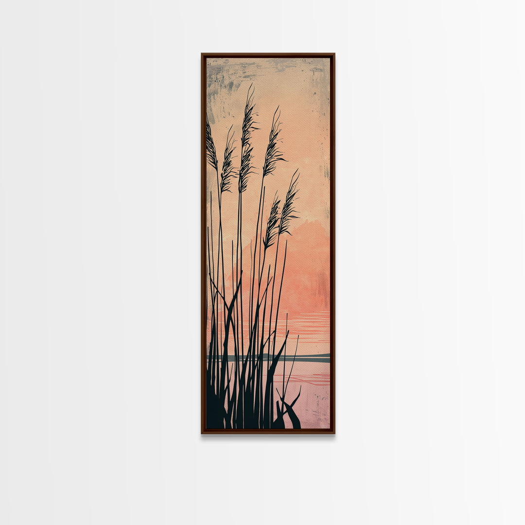 Reeds Silhouetted Against Soft Orange Sunset Skinny Art Tall Art Framed Canvas Print Japanese Style Art Ukiyo-e Art Wood Block Print Tranquil Scenic