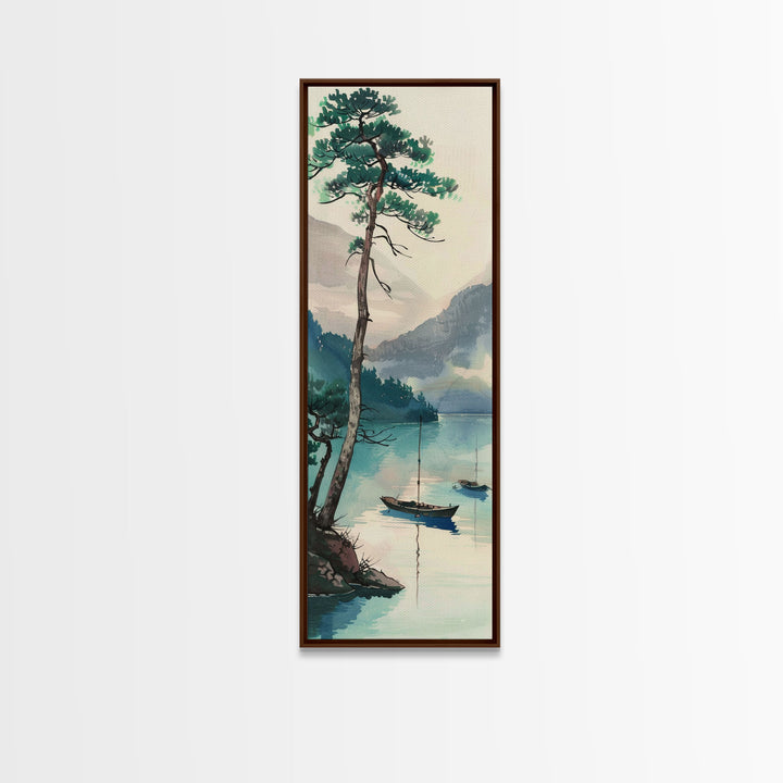 Framed Canvas Print Serene Lake Scene With Tall Pine Tree And Sailboats, Vintage Asian Landscape Art For Home Decor, Wall Decoration