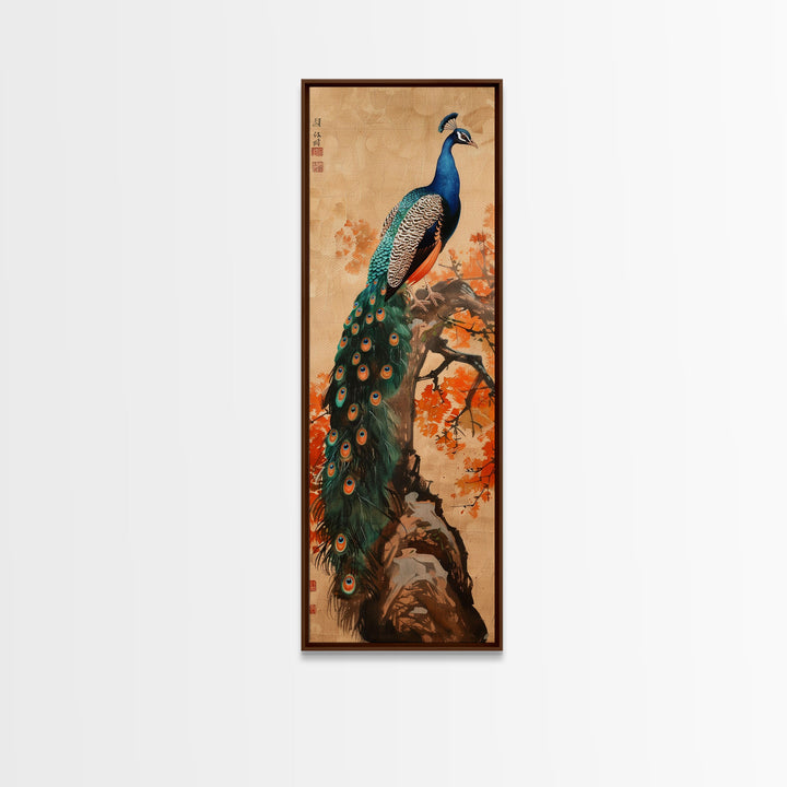 Majestic Peacock Perched On A Branch With Autumn Leaves, Skinny Art Tall Wall Art Framed Canvas Print Japanese Style Art