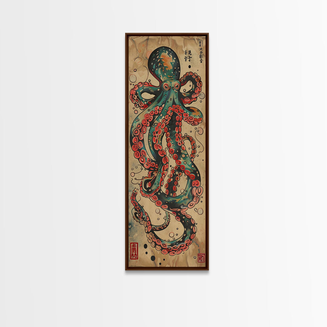 Vintage Canvas Print With Vibrant Octopus Design Ukiyo-e Wall Art Wood Block Print Tall Art Japanese Style Skinny Art