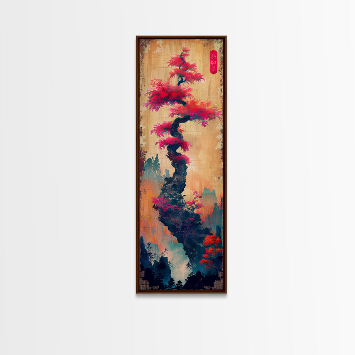 Bonsai Tree With Red Leaves On Gradient Background Wood Block Print Ukiyo-e Wall Art Tall Art Skinny Art Japanese Style