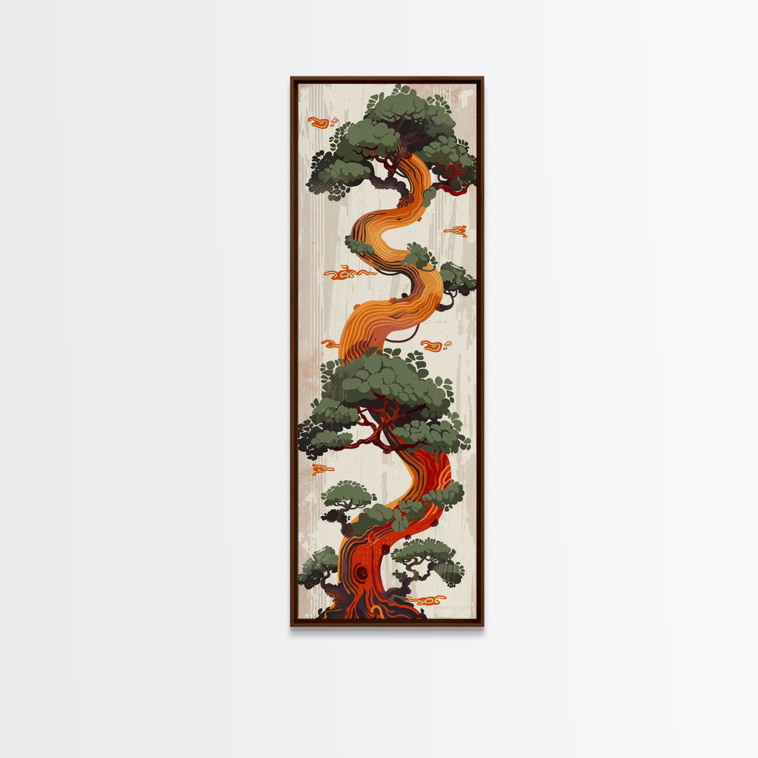 Curved Tree With Green Foliage Ukiyo-e Art Japanese Style Framed Canvas Print Wood Block Print Skinny Art Tall Art