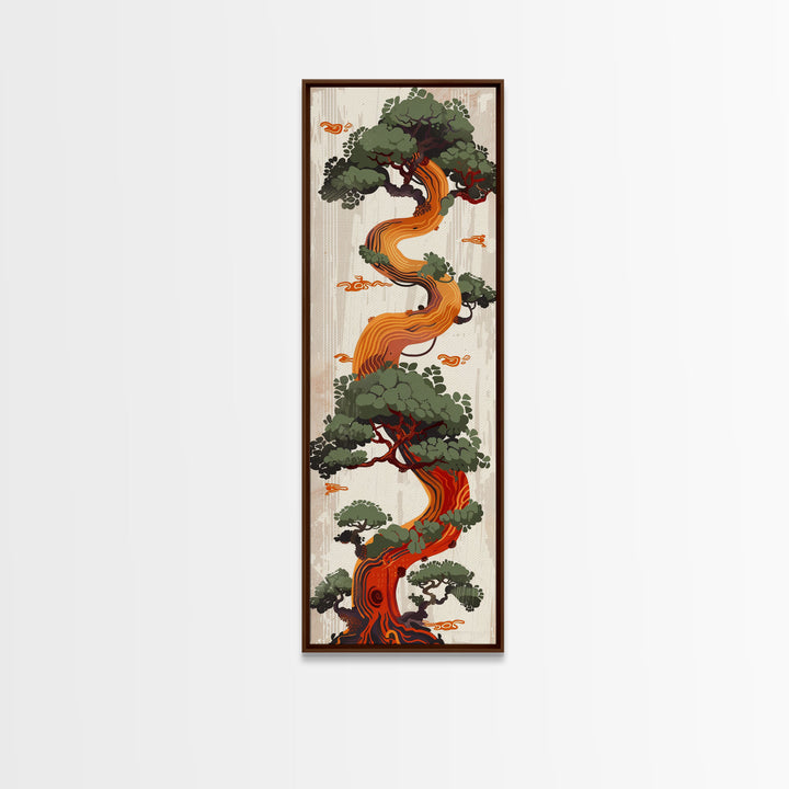 Curved Tree With Green Foliage Ukiyo-e Art Japanese Style Framed Canvas Print Wood Block Print Skinny Art Tall Art