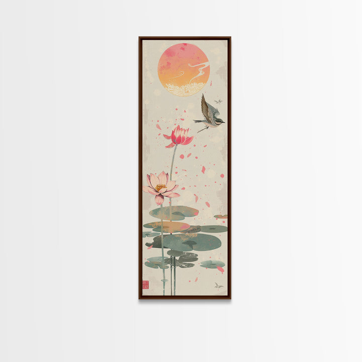 Autumn Maple Leaves Falling Tall Skinny Japanese Wall Art - Framed Canvas Print in Ukiyo-e Style