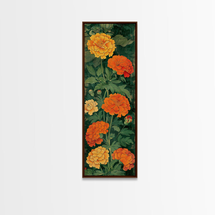 Delicate Pastel Flowers on Tall Stems Framed Canvas Print - Japanese Art Skinny Wall Décor