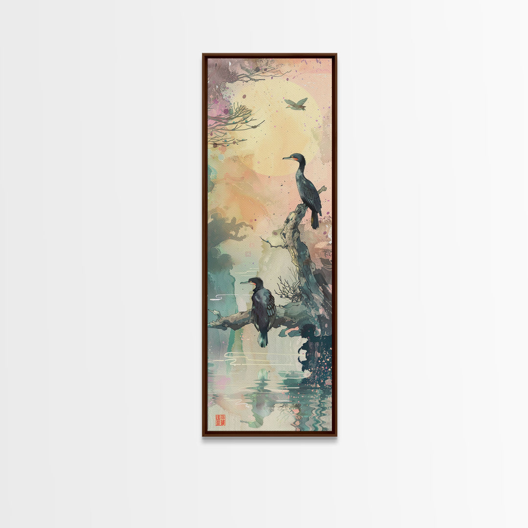 Orange Marigold Blossoms in Japanese Style Tall Skinny Framed Canvas Print - Ukiyo-e Wall Art