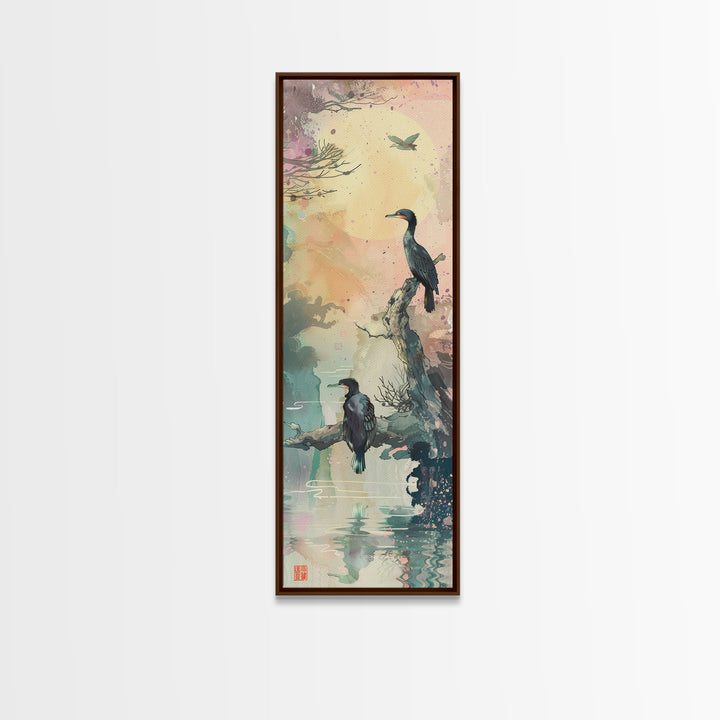 Orange Marigold Blossoms in Japanese Style Tall Skinny Framed Canvas Print - Ukiyo-e Wall Art