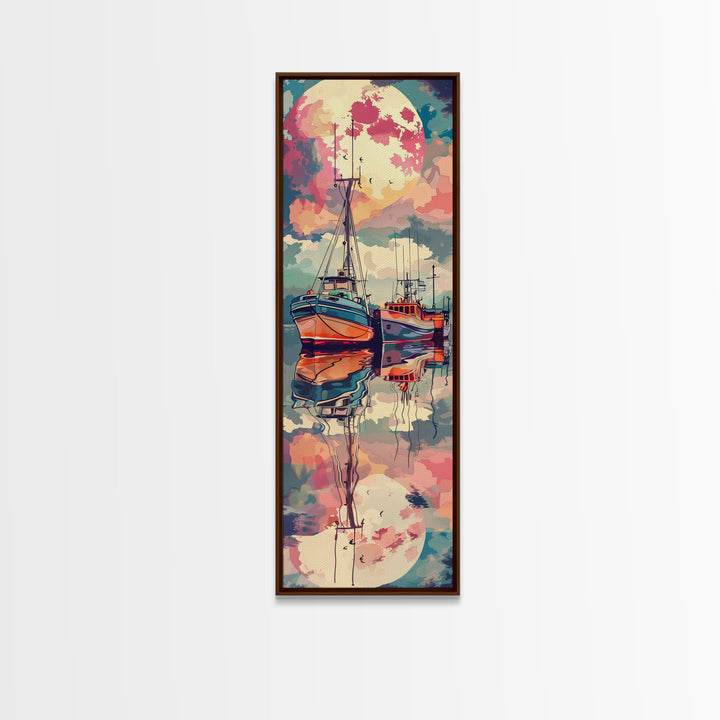 Canvas Print Colorful Fishing Boats Under Full Moon, Vibrant Coastal Scene For Nautical-Themed Home Decor, Wall Decoration