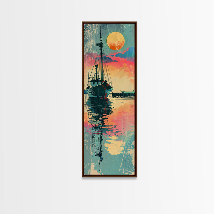 Fishing Boat Reflecting in Water with Vibrant Sunset, Japanese Art-Inspired Tall Framed Canvas Print for Wall Art