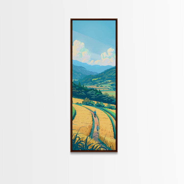 Scenic Countryside Pathway with Fields and Mountains, Skinny Framed Canvas Print for Wall Decor