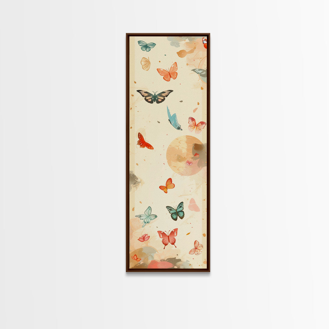 Colorful Butterflies Floating Across Light Background, Tall Framed Canvas Print for Wall Decor