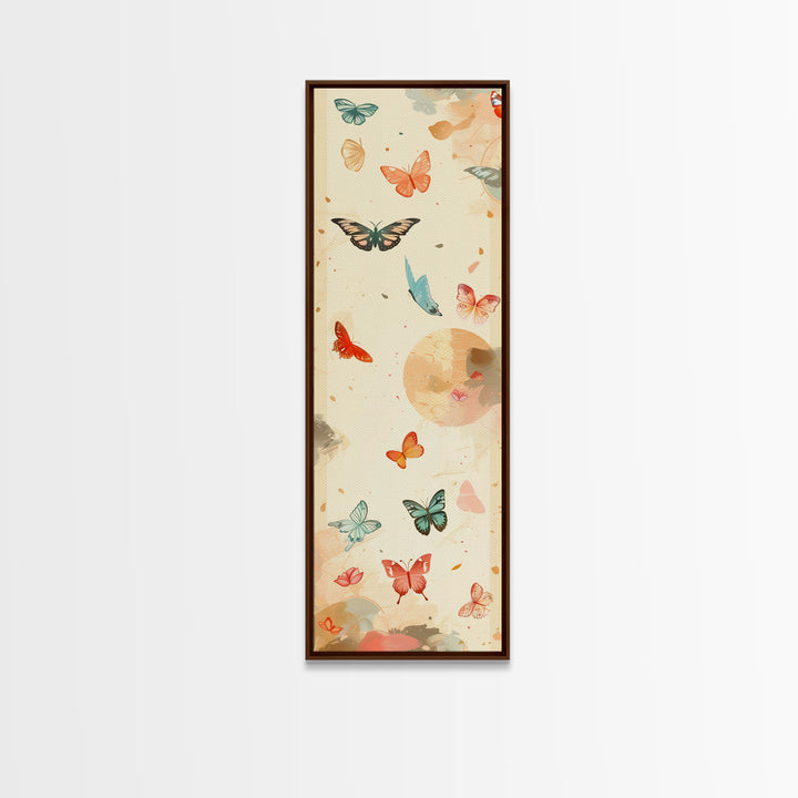 Colorful Butterflies Floating Across Light Background, Tall Framed Canvas Print for Wall Decor