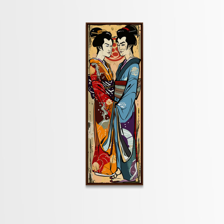 Japanese Couple in Traditional Kimono, Tall Skinny Framed Canvas Print for Wall Art