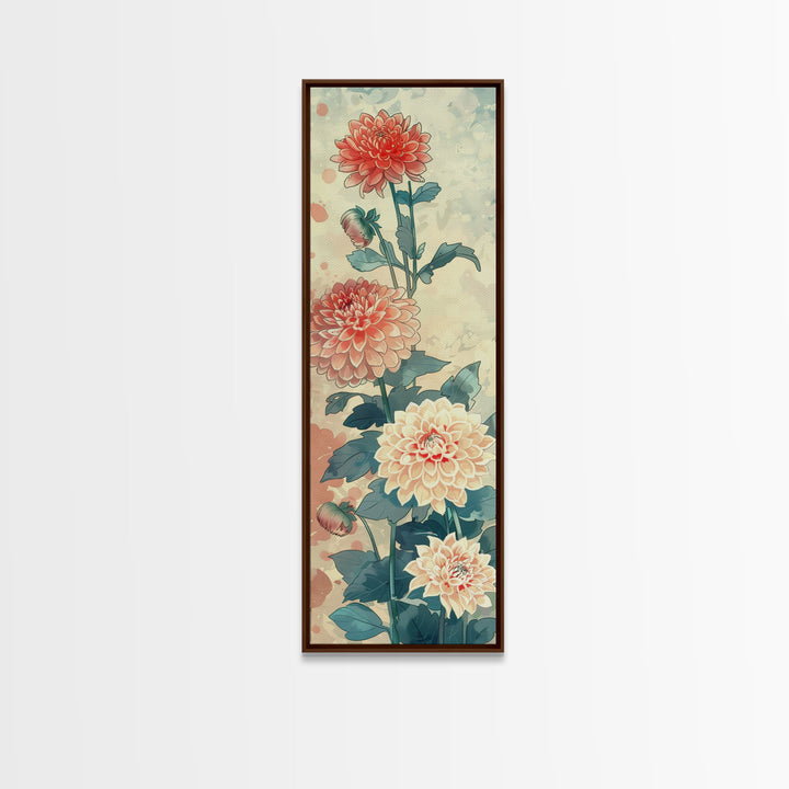 Chrysanthemums in Soft Pastel Tones on Tall Skinny Framed Canvas Print, Japanese Art Wall Decor