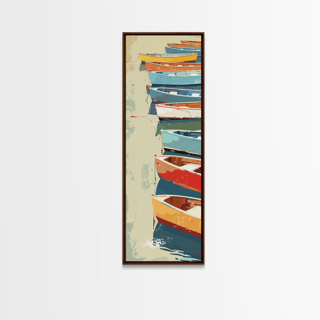 Row of Colorful Boats on Calm Water, Tall Skinny Framed Canvas Print for Nautical-Themed Wall Decor