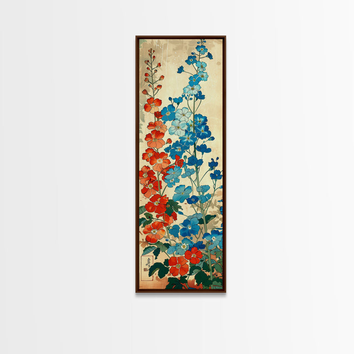 Delphinium Flowers Japanese Garden Art In Traditional Ukiyo-e Style Framed Canvas Print Tall Skinny Wood Block Floral Wall Decor