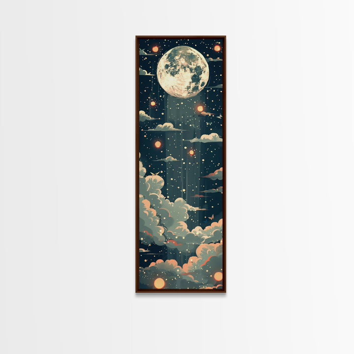 Moonlit Night With Japanese Lanterns Art On Framed Canvas Print In Ukiyo-e Style Tall Skinny Ethereal Wood Block Wall Decor