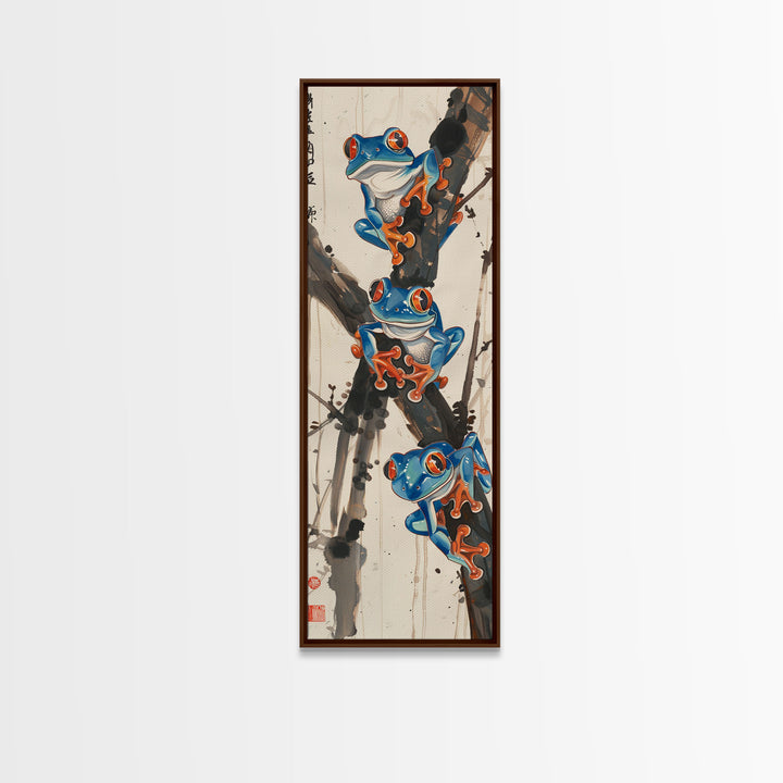Three Blue Tree Frogs Branches Japanese Tall Wall Art Skinny Framed Canvas Print Ukiyo-e Style
