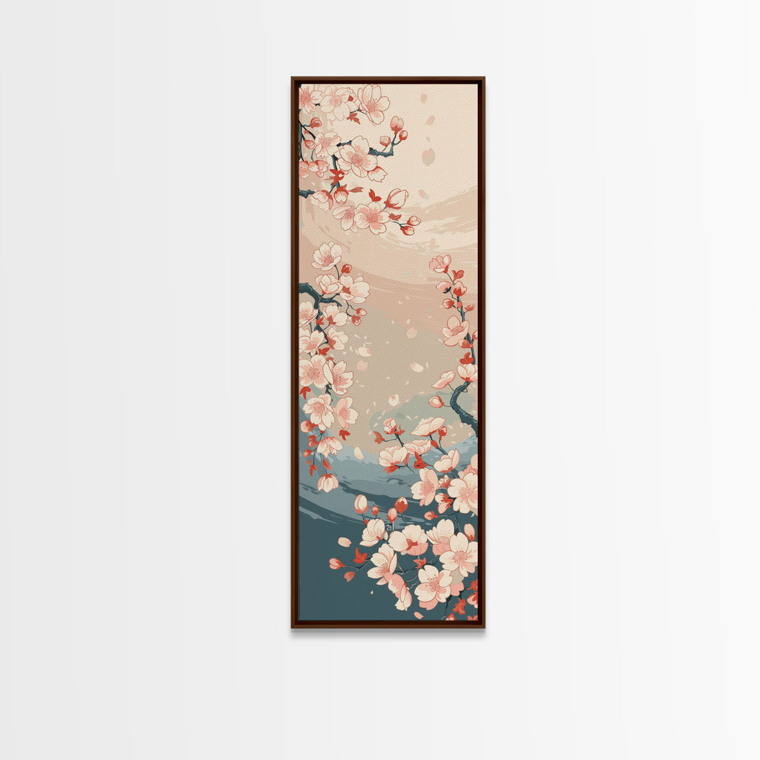 Cherry Blossom Branches Pale Background Japanese Style Tall Skinny Framed Canvas Print Wall Art